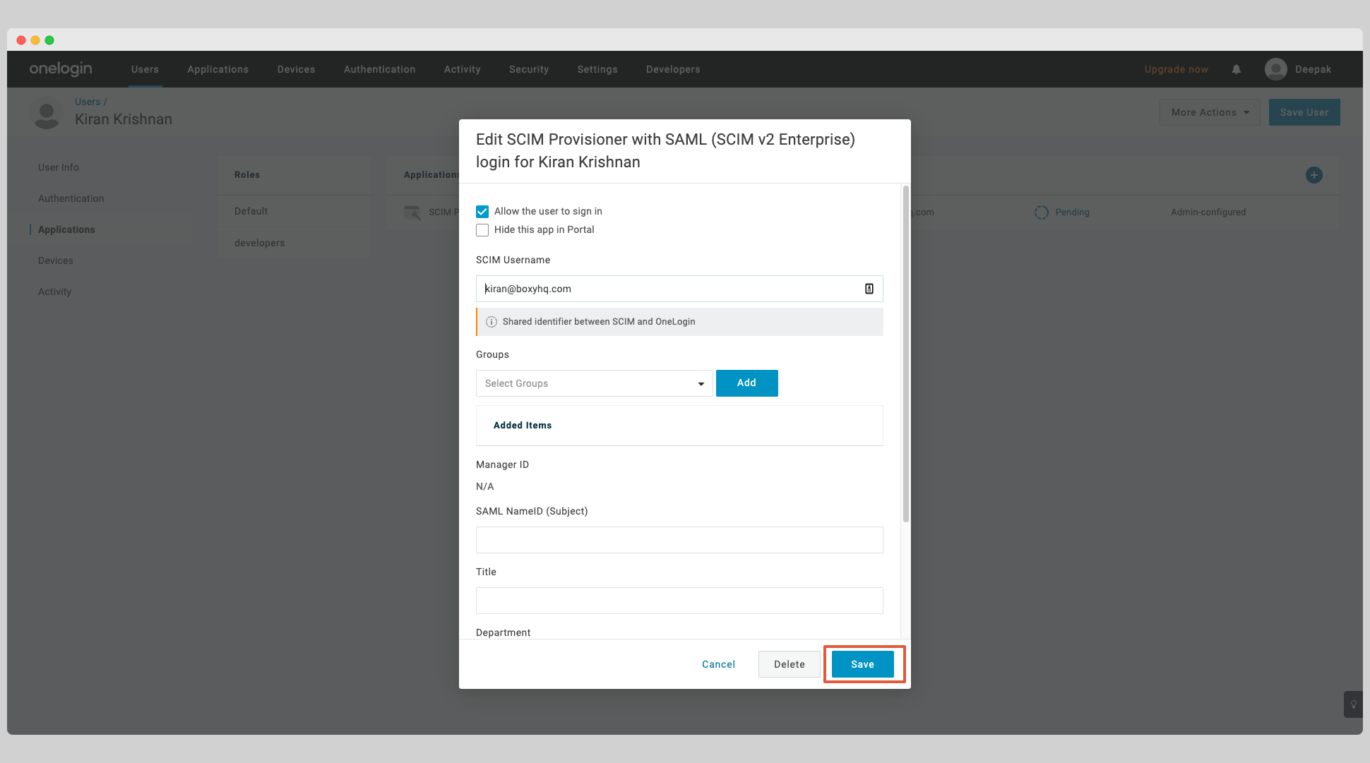 OneLogin SCIM Step 10